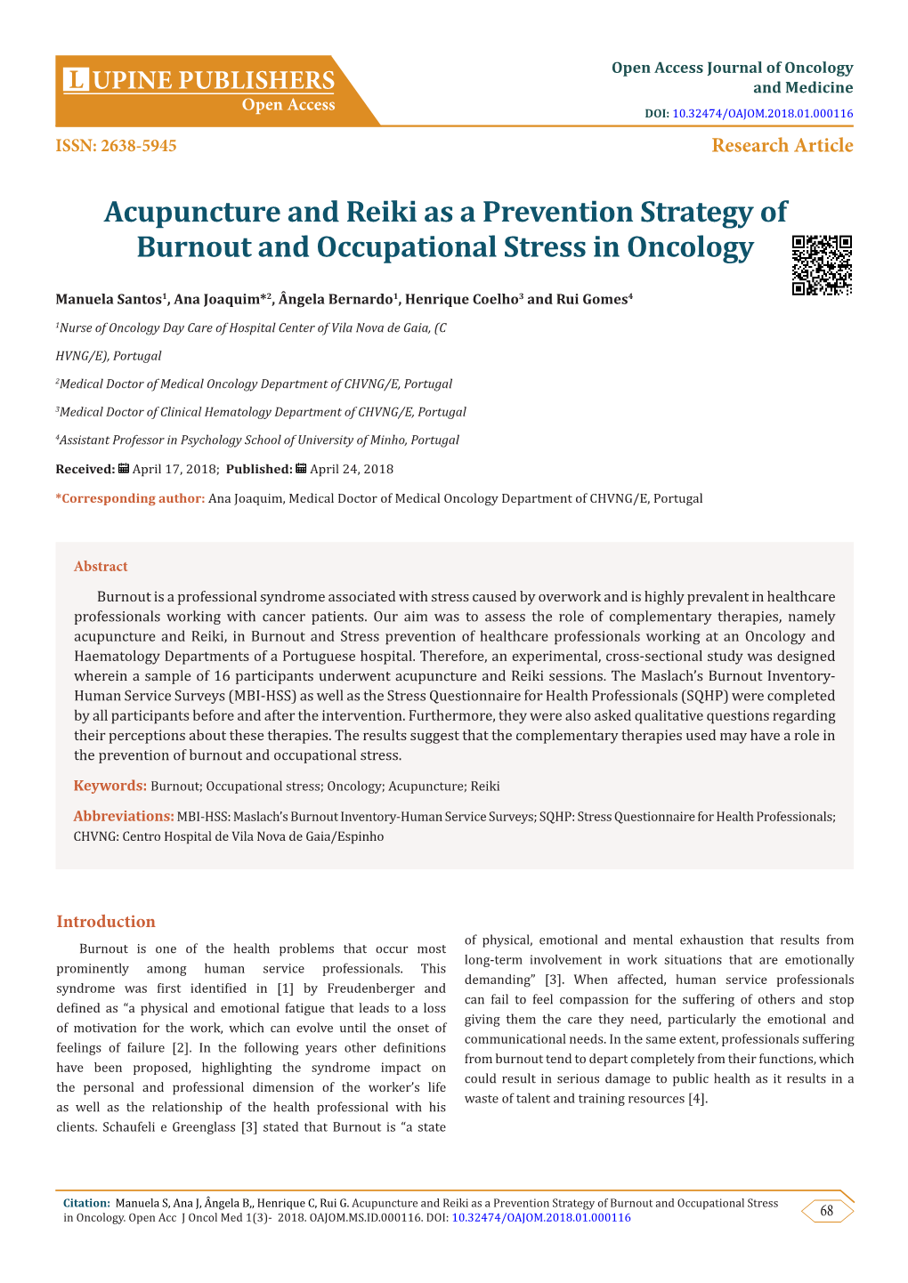 Acupuncture and Reiki As a Prevention Strategy of Burnout and Occupational Stress in Oncology