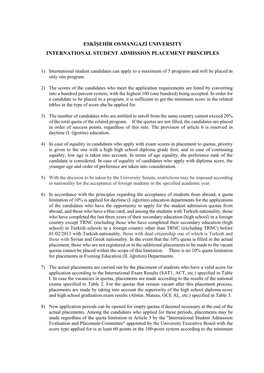Eskişehir Osmangazi University International Student Admission Placement Principles