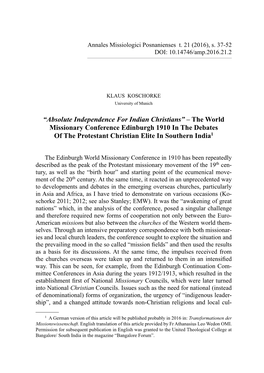 The World Missionary Conference Edinburgh 1910 in the Debates of the Protestant Christian Elite in Southern India 1