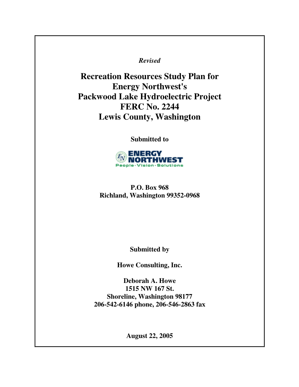 Recreation Resources Study Plan for Energy Northwest's Packwood Lake Hydroelectric Project FERC No