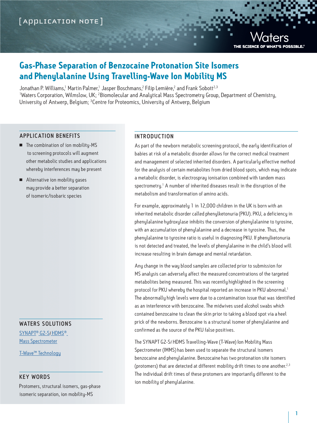 Gas-Phase Separation of Benzocaine Protonation Site Isomers and Phenylalanine Using Travelling-Wave Ion Mobility MS Jonathan P