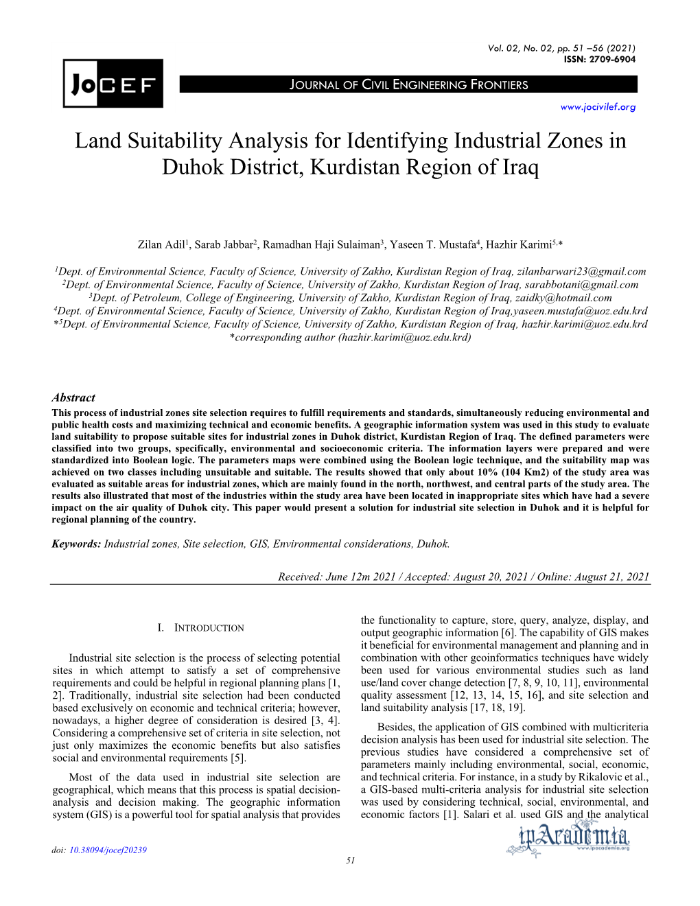 Land Suitability Analysis for Identifying Industrial Zones in Duhok District, Kurdistan Region of Iraq