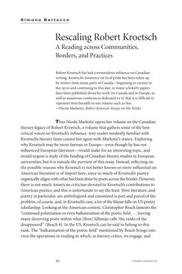 Rescaling Robert Kroetsch a Reading Across Communities, Borders, and Practices