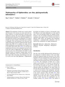 Madreporites of Ophiuroidea: Are They Phylogenetically Informative?