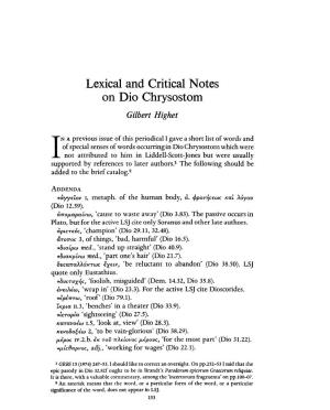 Lexical and Critical Notes on Dio Chrysostom HIGHET, GILBERT Greek, Roman and Byzantine Studies; Summer 1976; 17, 2; Proquest Pg