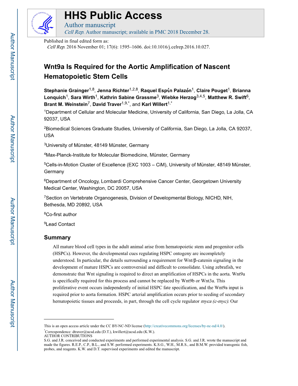 Wnt9a Is Required for the Aortic Amplification of Nascent Hematopoietic Stem Cells