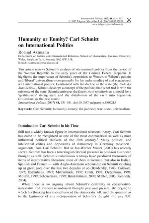 Humanity Or Enmity? Carl Schmitt on International Politics