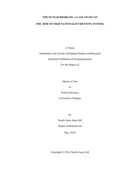 The Punjab Problem: a Case Study on the Rise of Sikh Nationalist Identity in India, in an Oral Examination Held on April 24, 2014