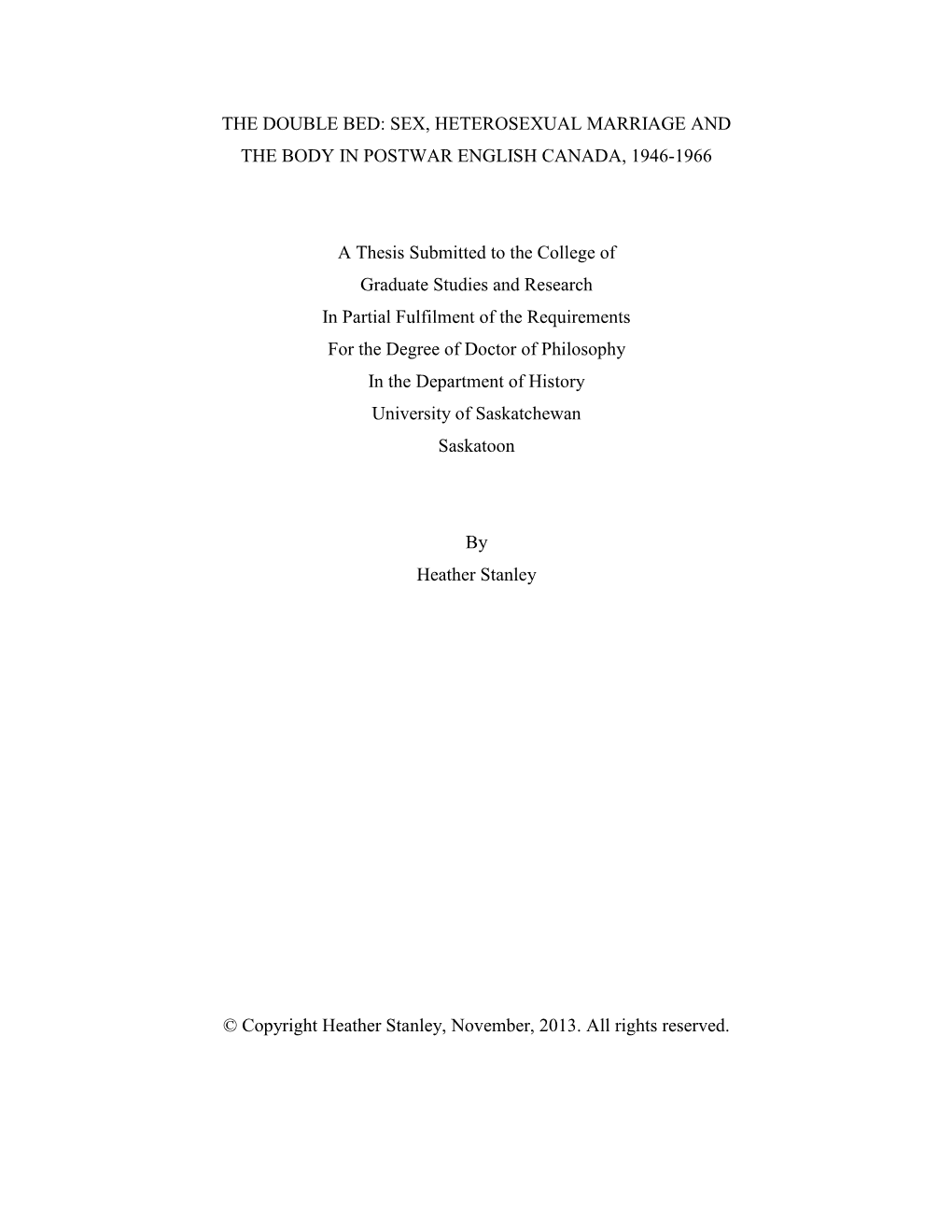 Sex, Heterosexual Marriage and the Body in Postwar English Canada, 1946-1966