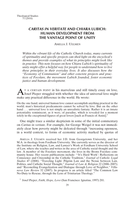 Caritas in Veritate and Chiara Lubich: Human Development from the Vantage Point of Unity