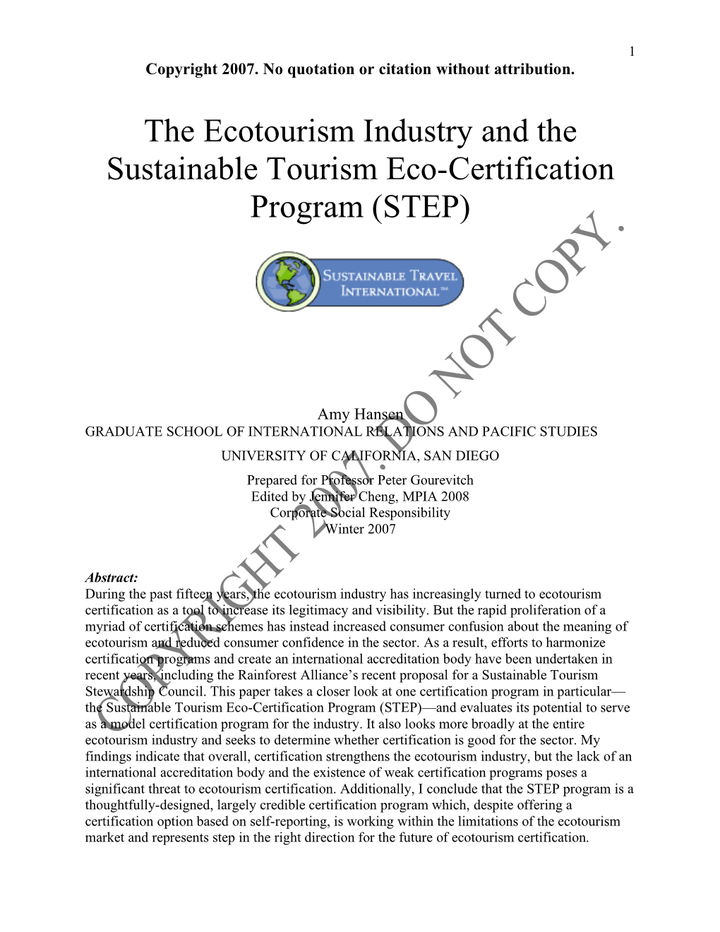 The Ecotourism Industry and the Sustainable Tourism Eco-Certification Program (STEP)