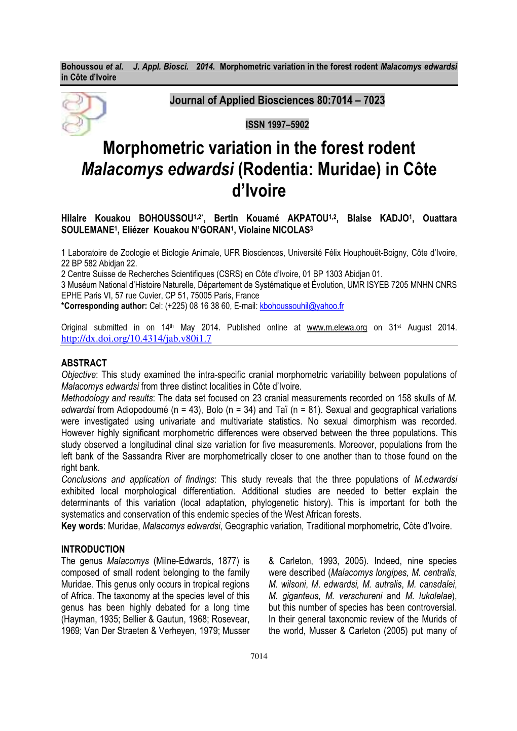 Morphometric Variation in the Forest Rodent Malacomys Edwardsi in Côte D’Ivoire