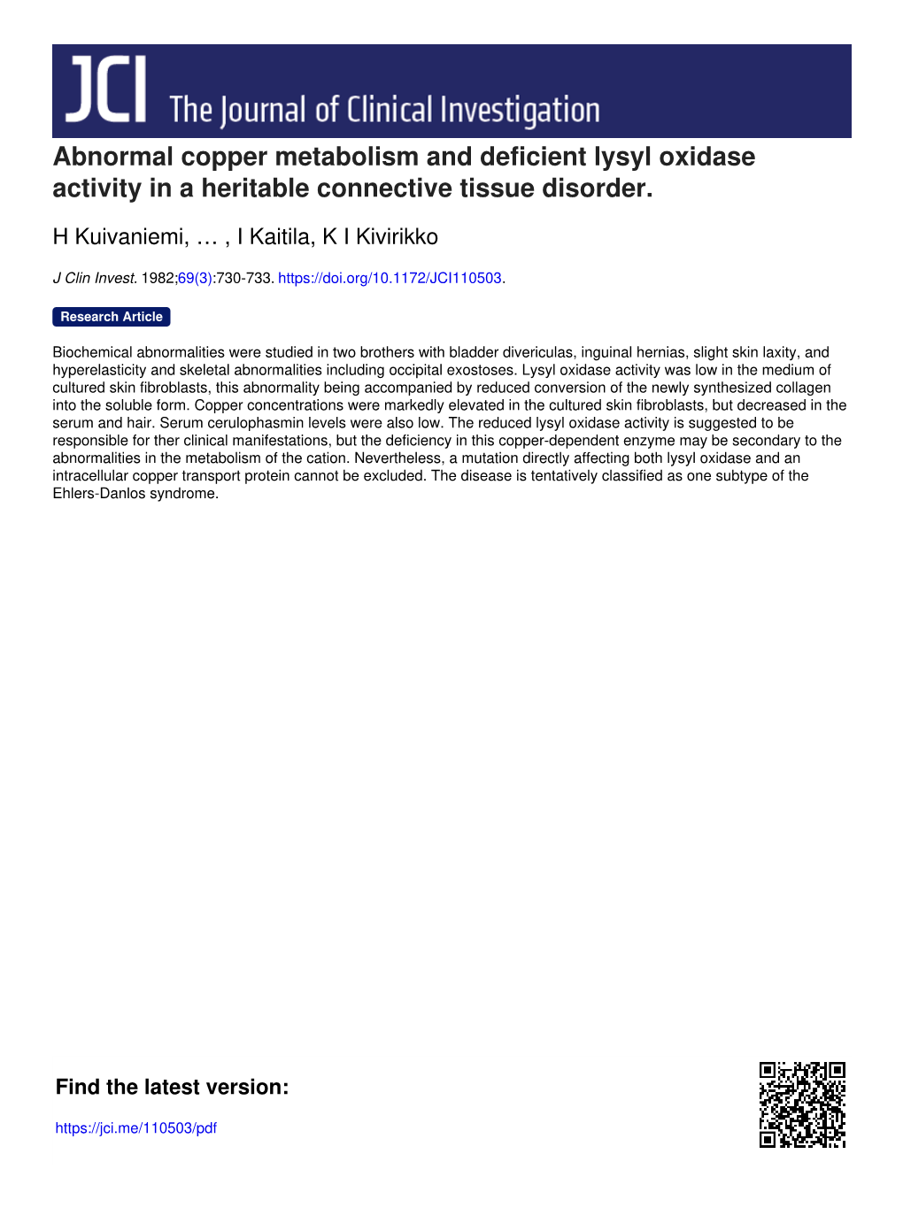 Abnormal Copper Metabolism and Deficient Lysyl Oxidase Activity in a Heritable Connective Tissue Disorder
