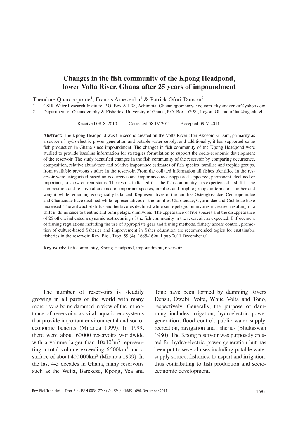 Changes in the Fish Community of the Kpong Headpond, Lower Volta River, Ghana After 25 Years of Impoundment