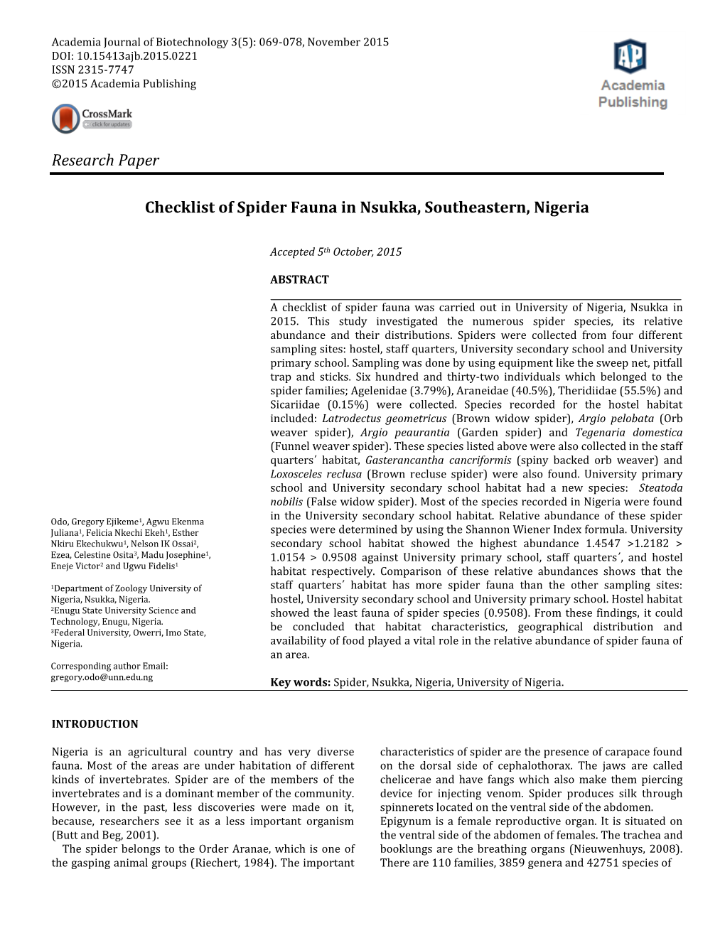 Research Paper Checklist of Spider Fauna in Nsukka, Southeastern