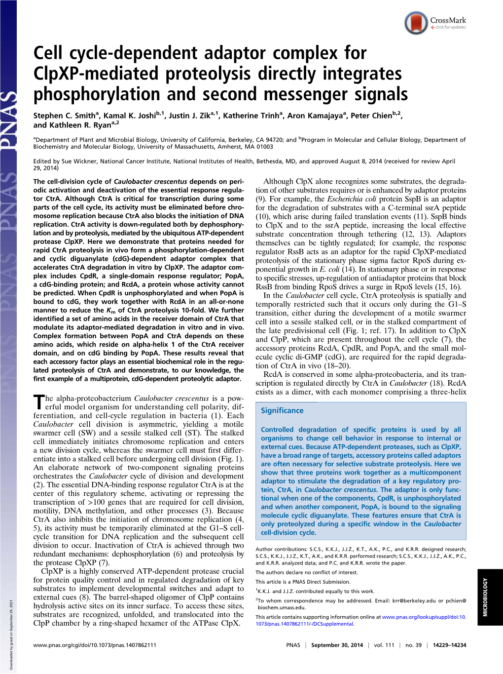 Cell Cycle-Dependent Adaptor Complex for Clpxp-Mediated Proteolysis Directly Integrates Phosphorylation and Second Messenger Signals