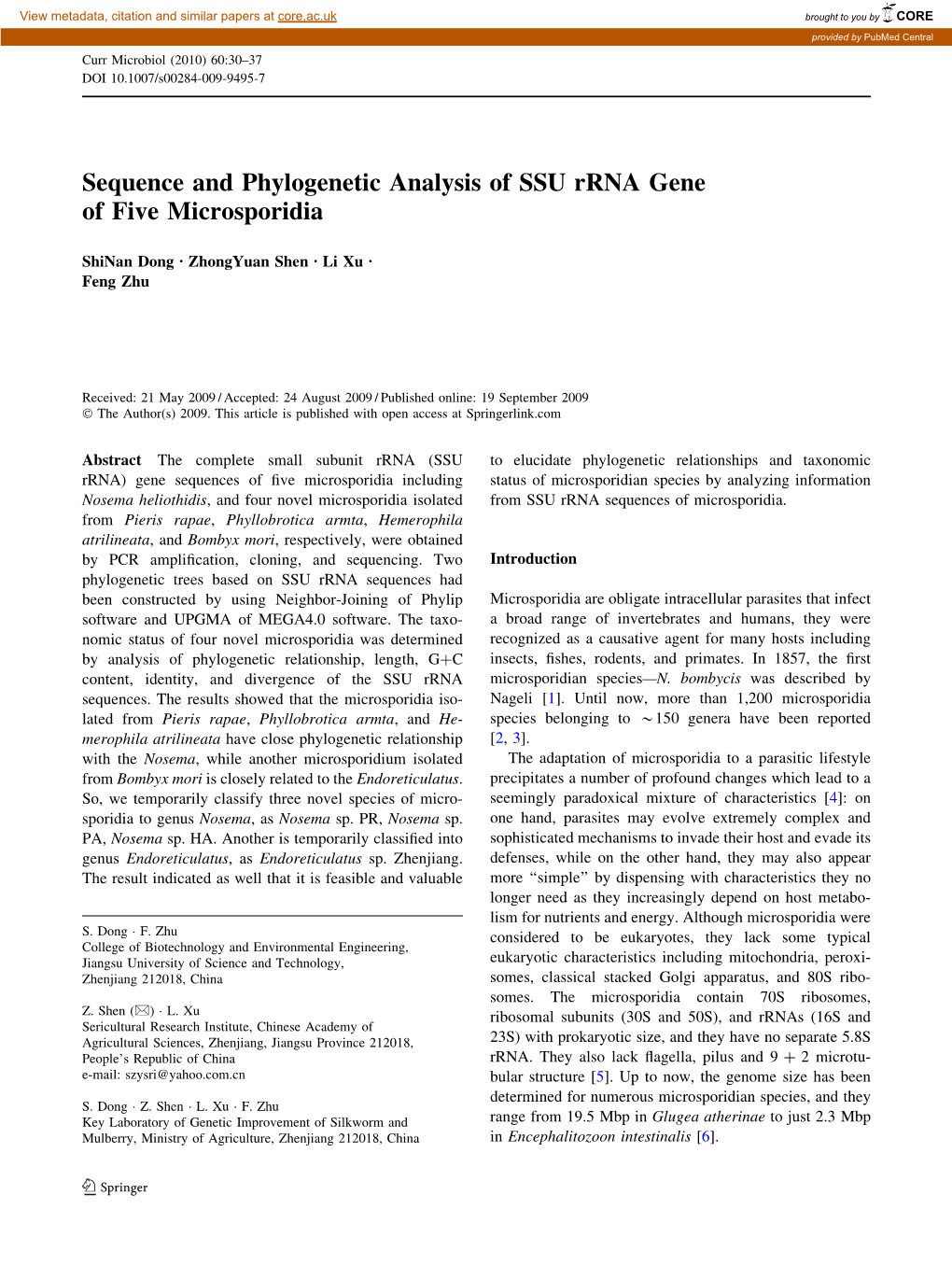 Sequence and Phylogenetic Analysis of SSU Rrna Gene of Five Microsporidia