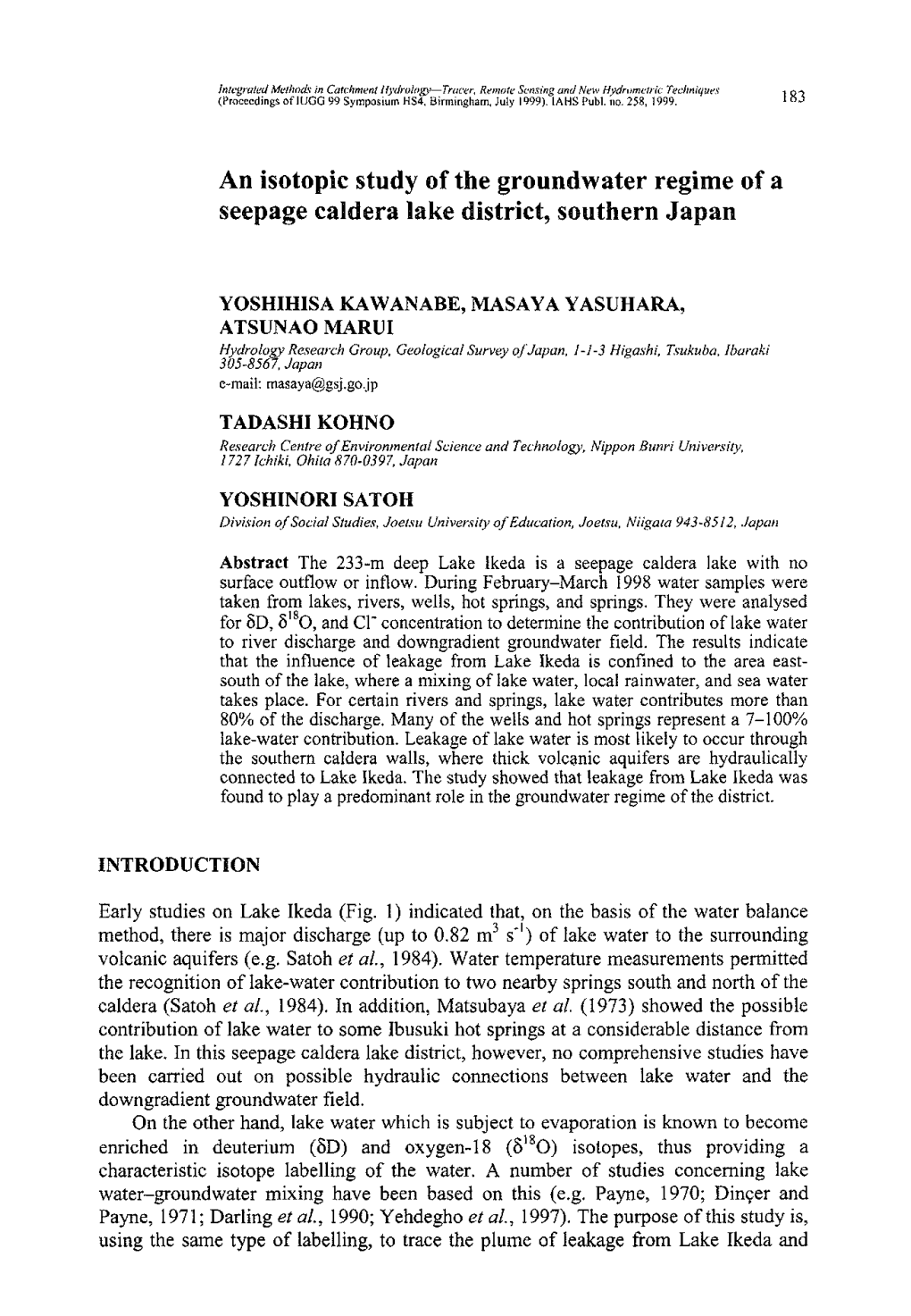 An Isotopic Study of the Groundwater Regime of a Seepage Caldera Lake District, Southern Japan