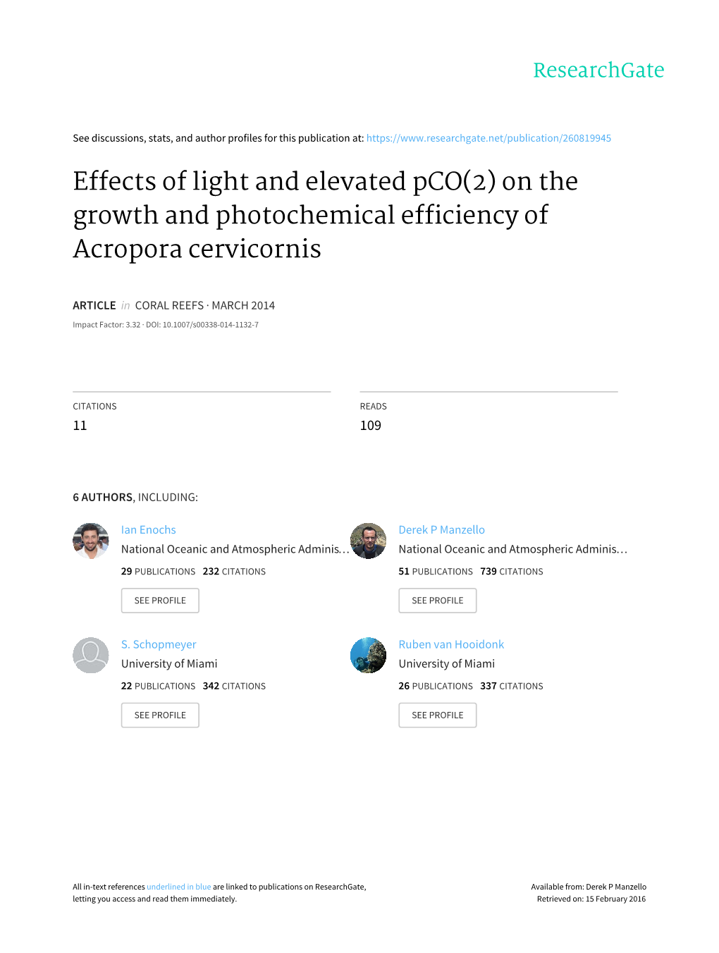 On the Growth and Photochemical Efficiency of Acropora Cervicornis