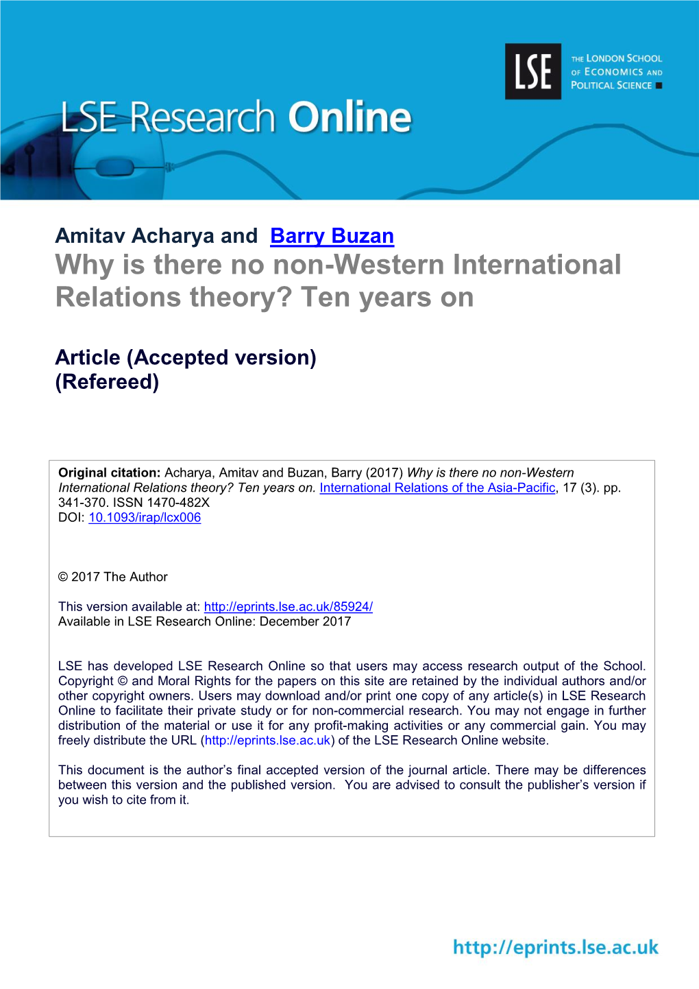 Why Is There No Non-Western International Relations Theory? Ten Years On