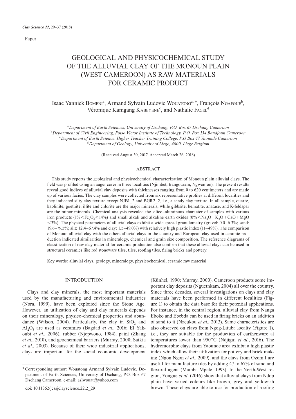 Geological and Physicochemical Study of the Alluvial Clay of the Monoun Plain (West Cameroon) As Raw Materials for Ceramic Product