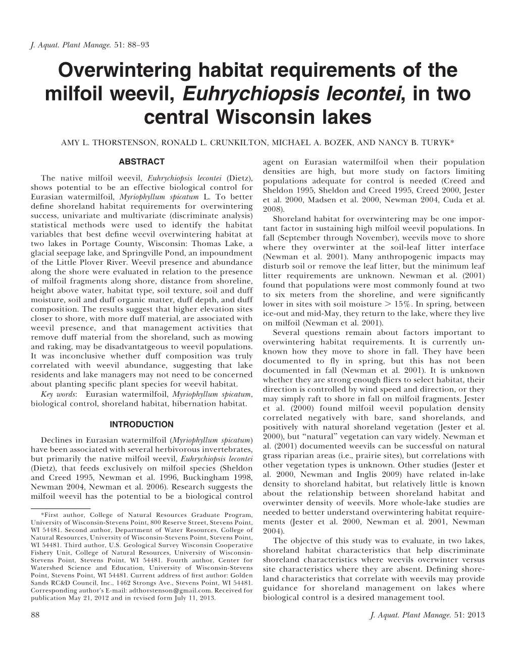 Overwintering Habitat Requirements of the Milfoil Weevil, Euhrychiopsis Lecontei, in Two Central Wisconsin Lakes