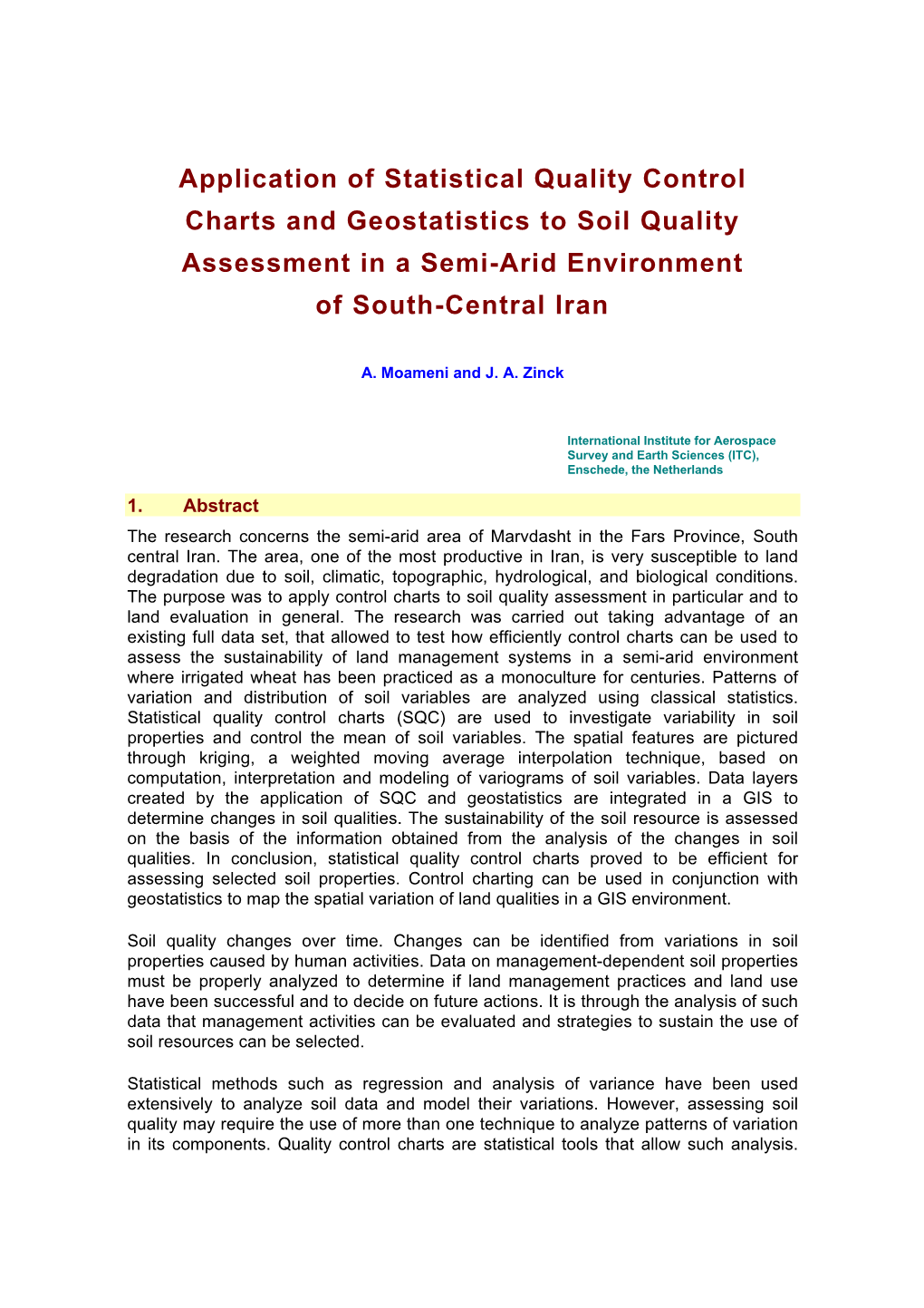 Application of Statistical Quality Control Charts and Geostatistics to Soil Quality Assessment in a Semi-Arid Environment of South-Central Iran
