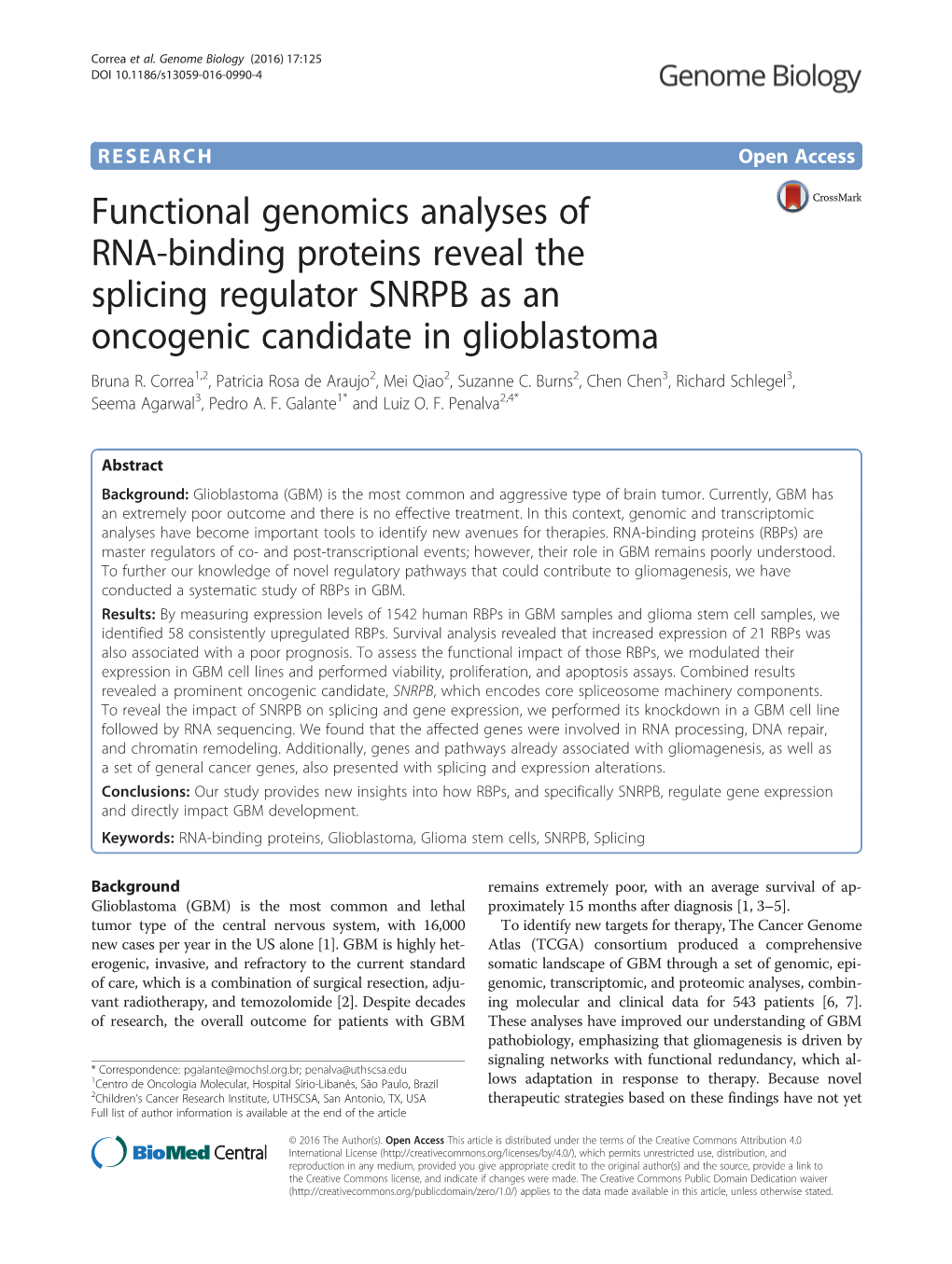 Functional Genomics Analyses of RNA-Binding Proteins Reveal the Splicing Regulator SNRPB As an Oncogenic Candidate in Glioblastoma Bruna R