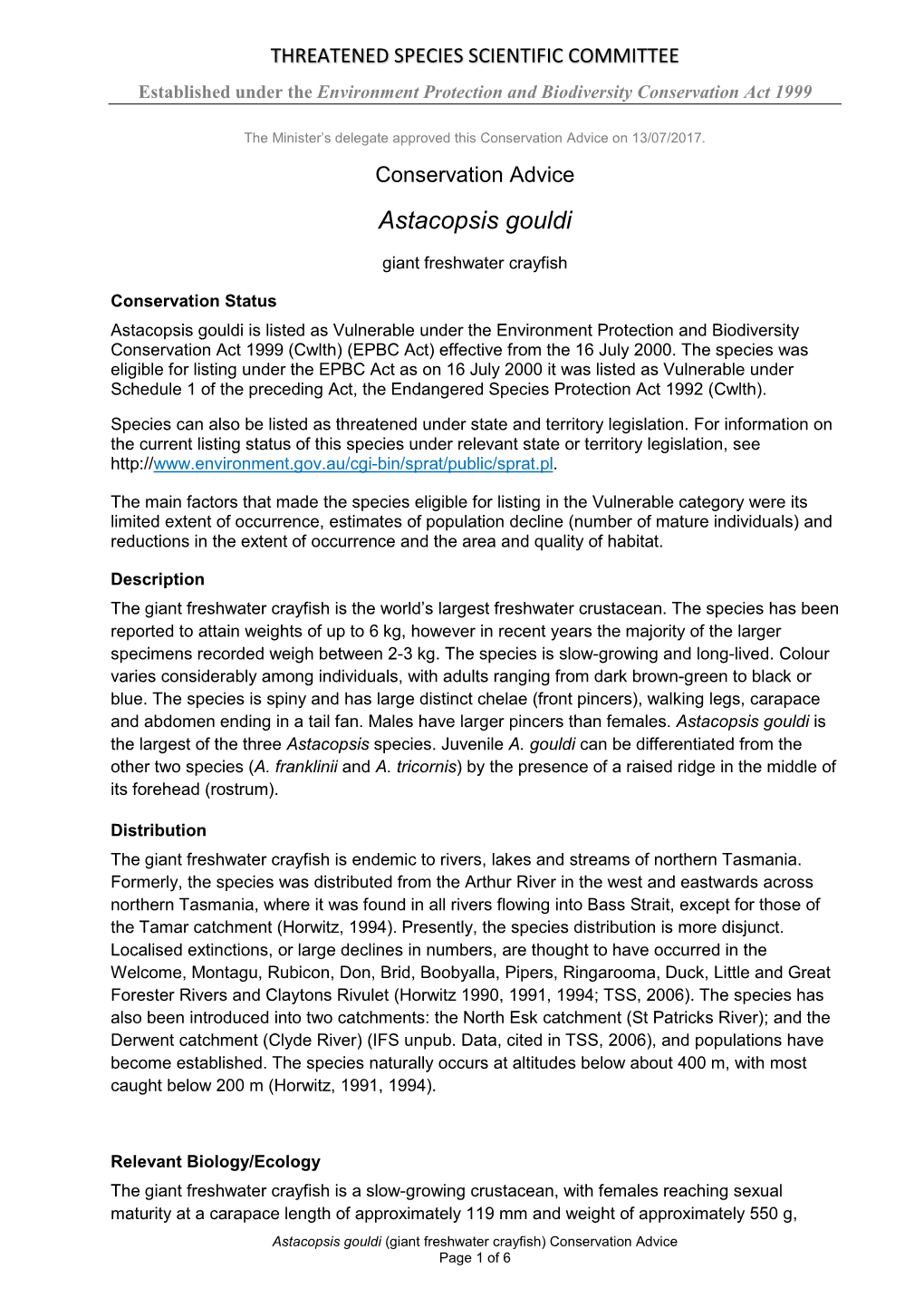 Conservation Advice Astacopsis Gouldi Giant Freshwater Crayfish