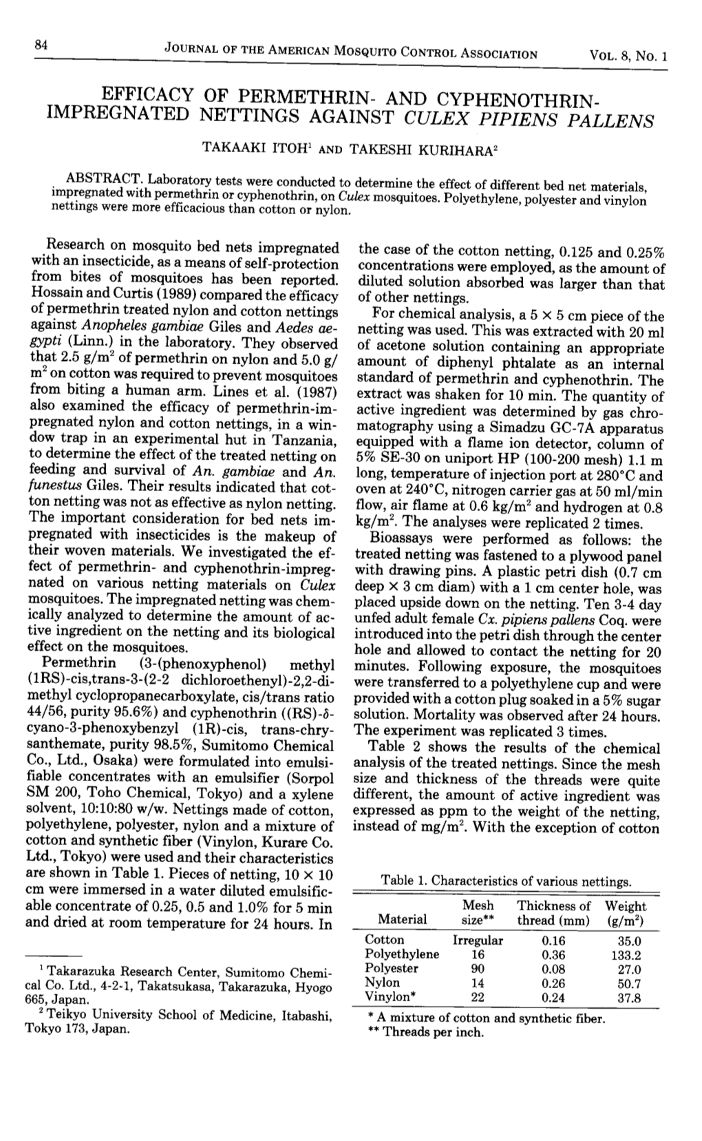 AND CYPHENOTHRIN- IMPREGNATED NETTINGS AGAINST Cuini-Pli'rcxs PALLENS