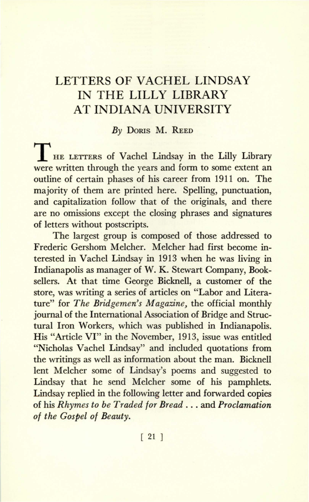 Letters of Vachel Lindsay in the Lilly Library at Indiana University