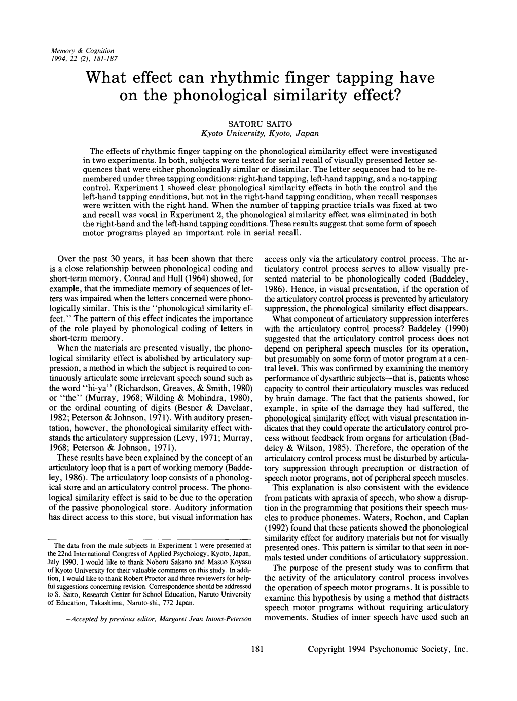 What Effect Can Rhythmic Finger Tapping Have on the Phonological Similarity Effect?