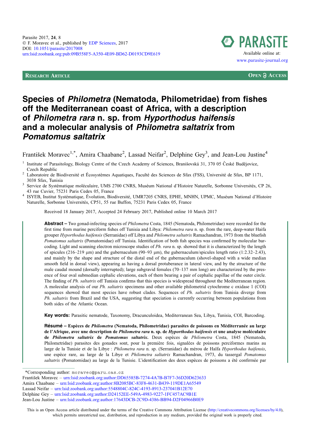 Species of Philometra (Nematoda, Philometridae) from ﬁshes Off the Mediterranean Coast of Africa, with a Description of Philometra Rara N