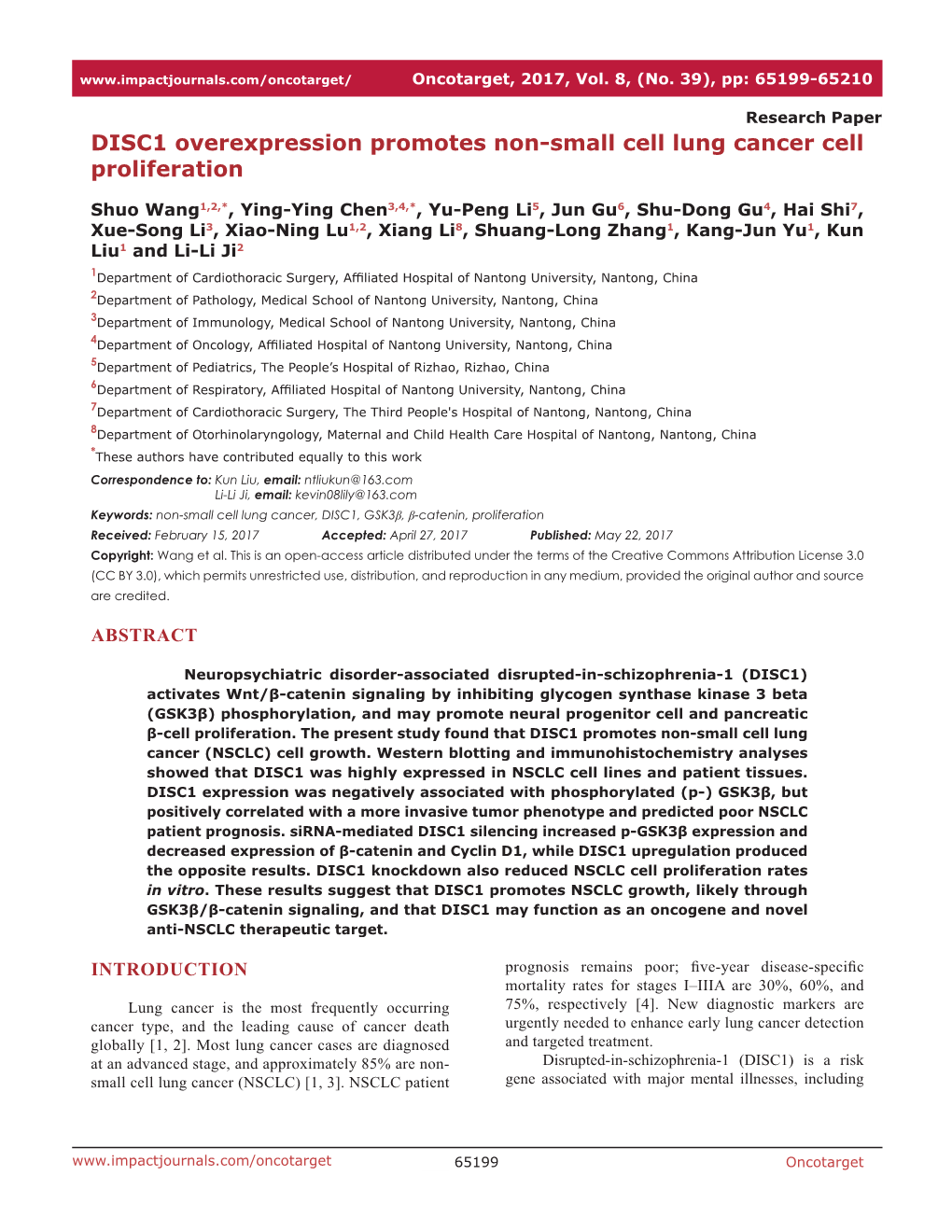 DISC1 Overexpression Promotes Non-Small Cell Lung Cancer Cell Proliferation