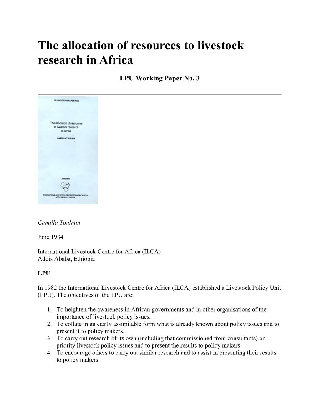 The Allocation of Resources to Livestock Research in Africa