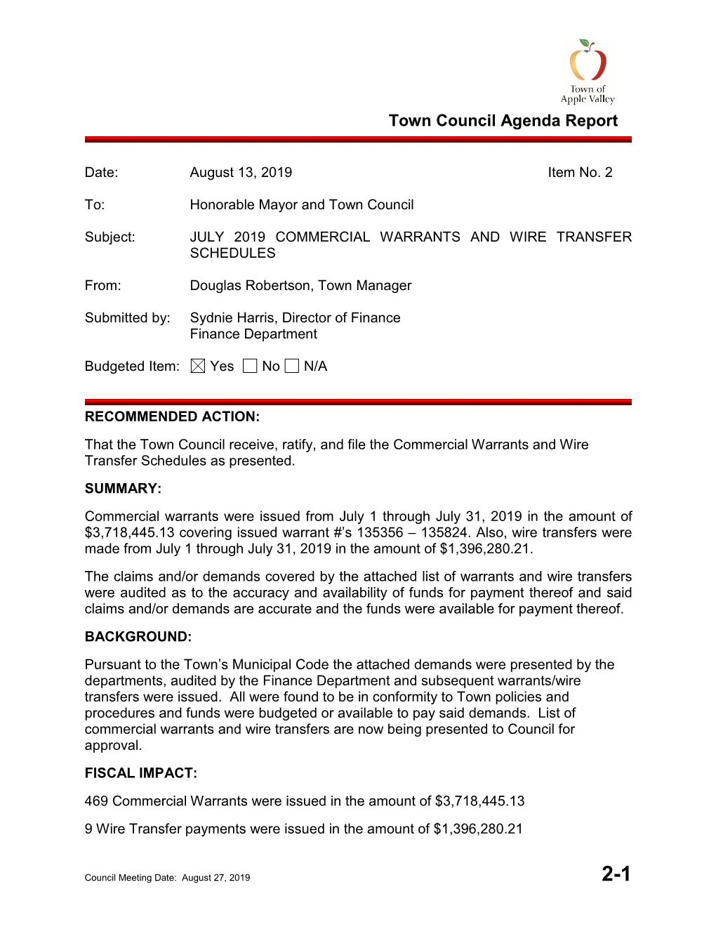 Town Council Agenda Report