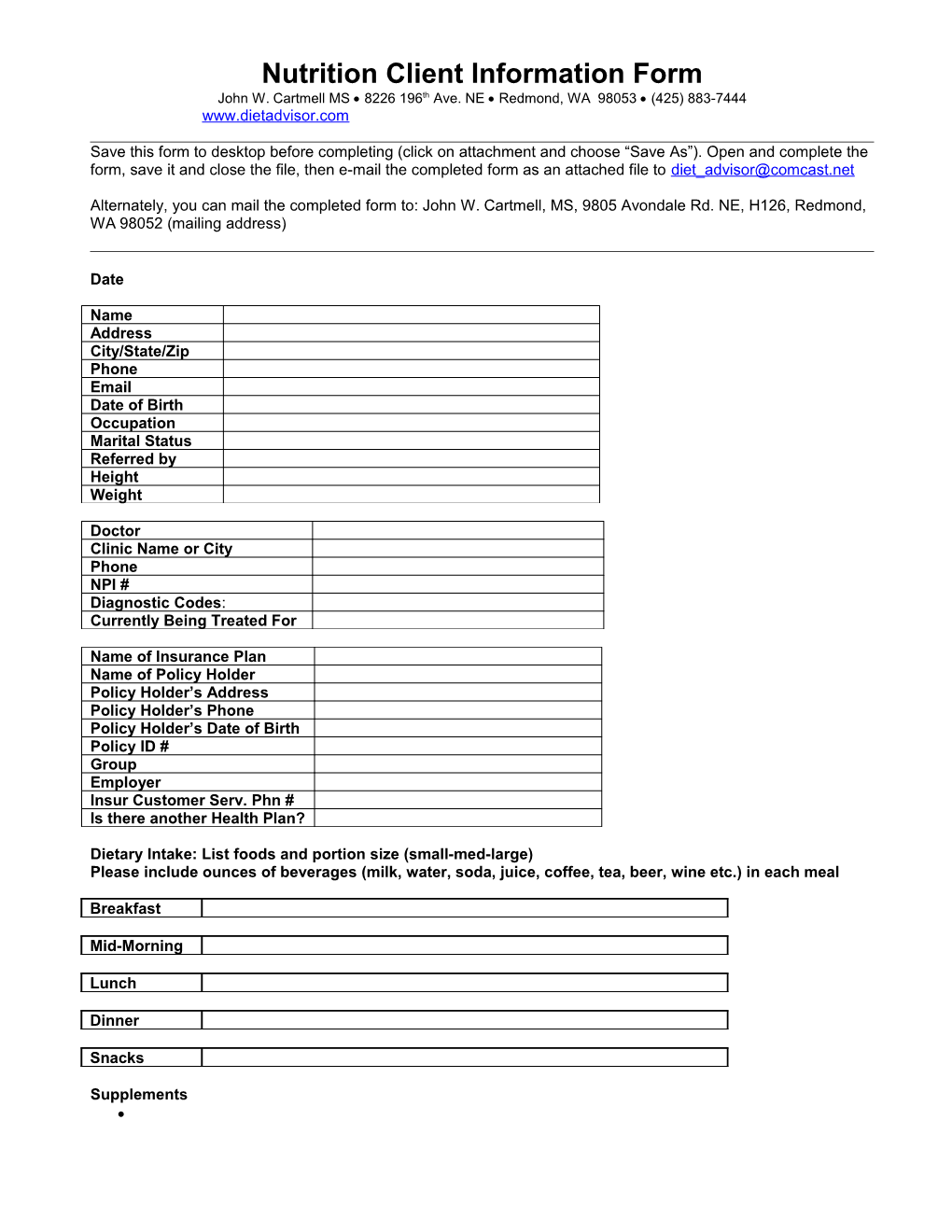 Nutrition Client Information Form