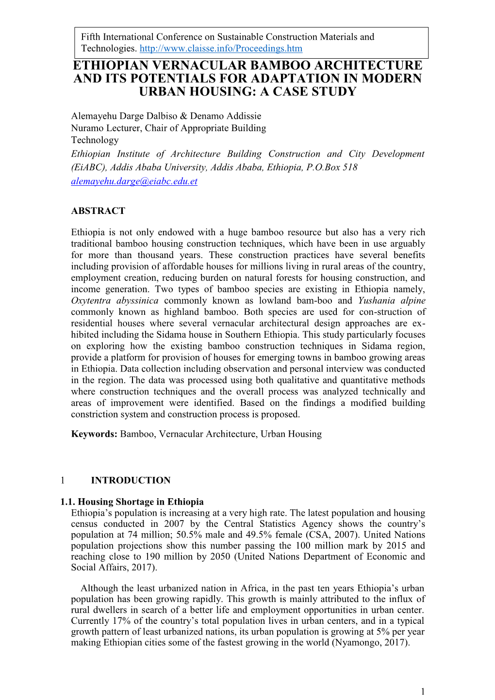 Ethiopian Vernacular Bamboo Architecture and Its Potentials for Adaptation in Modern Urban Housing: a Case Study