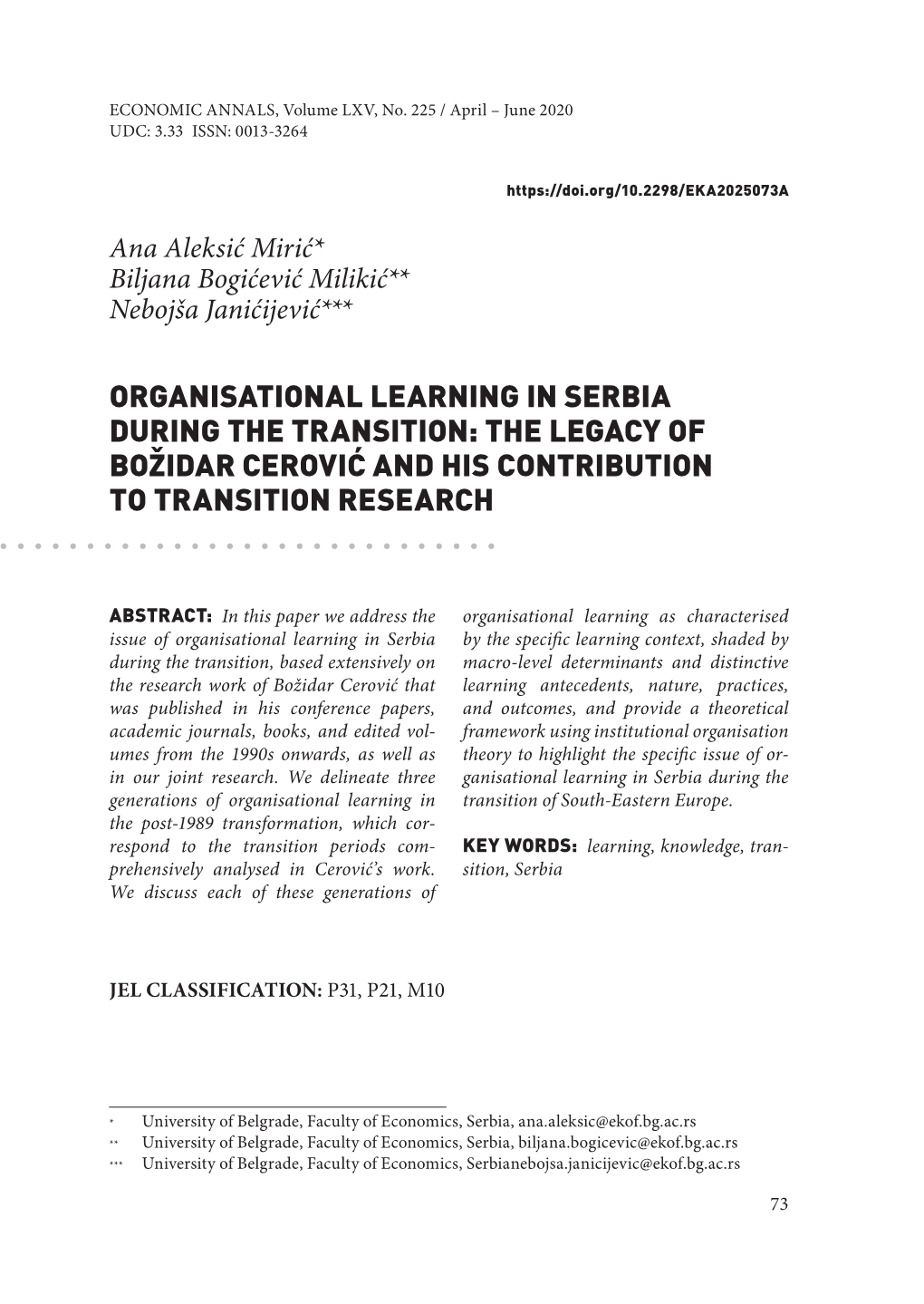 Organisational Learning in Serbia During the Transition: the Legacy of Božidar Cerović and His Contribution to Transition Research