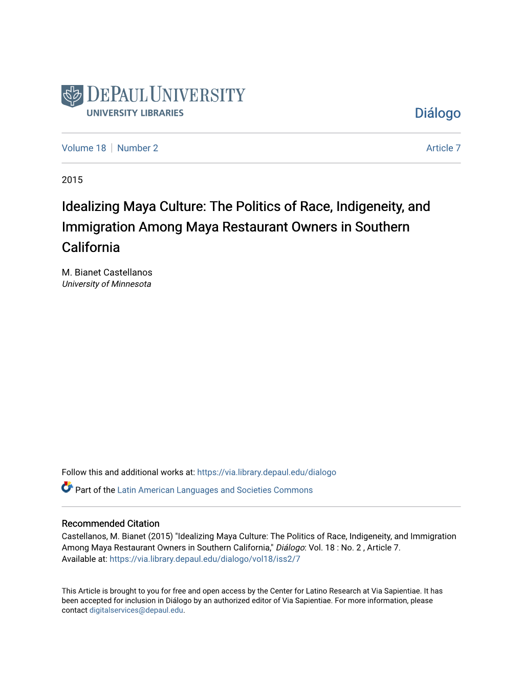 Idealizing Maya Culture: the Politics of Race, Indigeneity, and Immigration Among Maya Restaurant Owners in Southern California