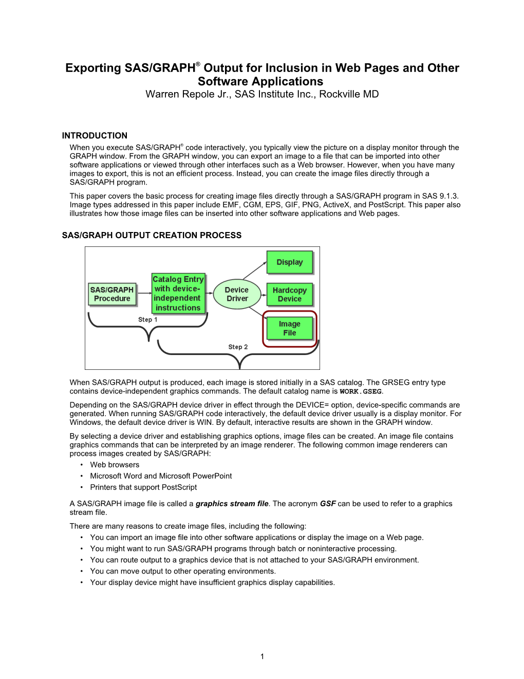 Exporting SAS/GRAPH® Output for Inclusion in Web Pages and Other Software Applications Warren Repole Jr., SAS Institute Inc., Rockville MD