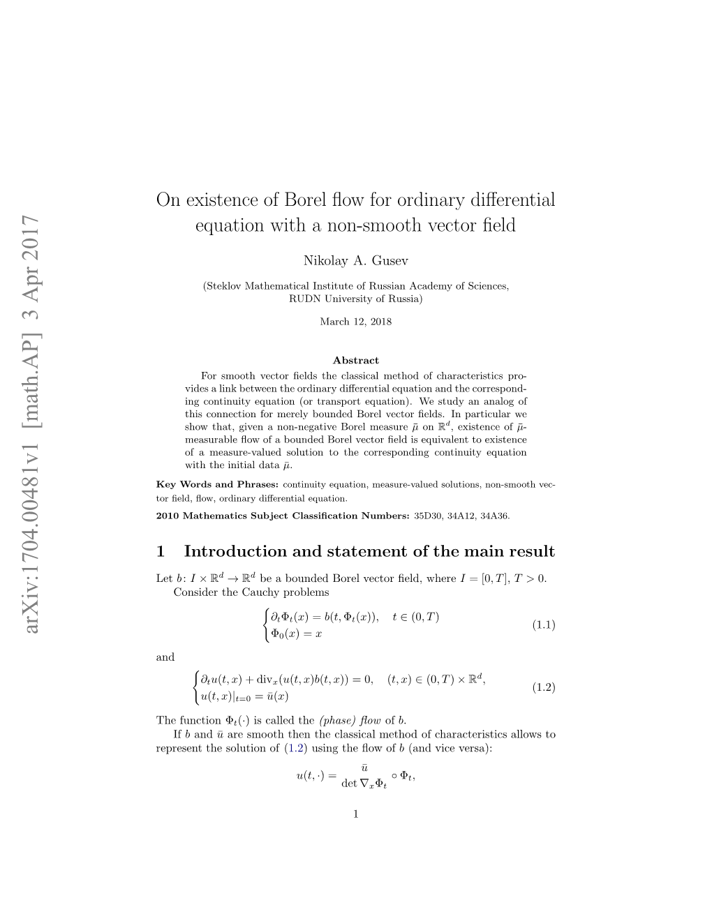 On Existence of Borel Flow for Ordinary Differential Equation with a Non