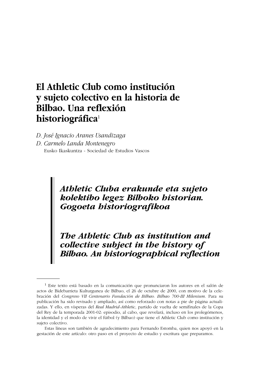 El Athletic Club Como Institución Y Sujeto Colectivo En La Historia De Bilbao