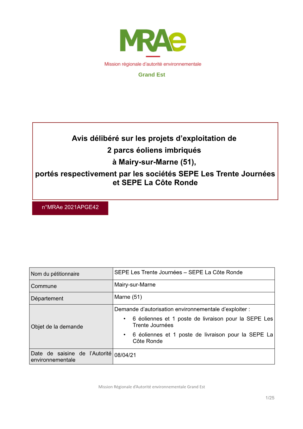 Avis Délibéré Sur Les Projets D'exploitation De 2 Parcs Éoliens