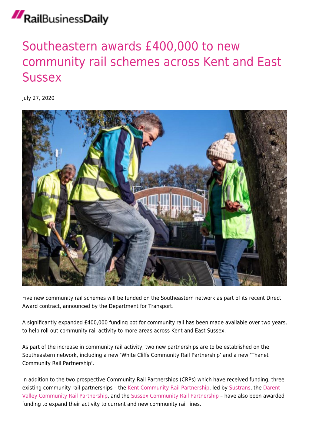 Southeastern Awards £400,000 to New Community Rail Schemes Across Kent and East Sussex
