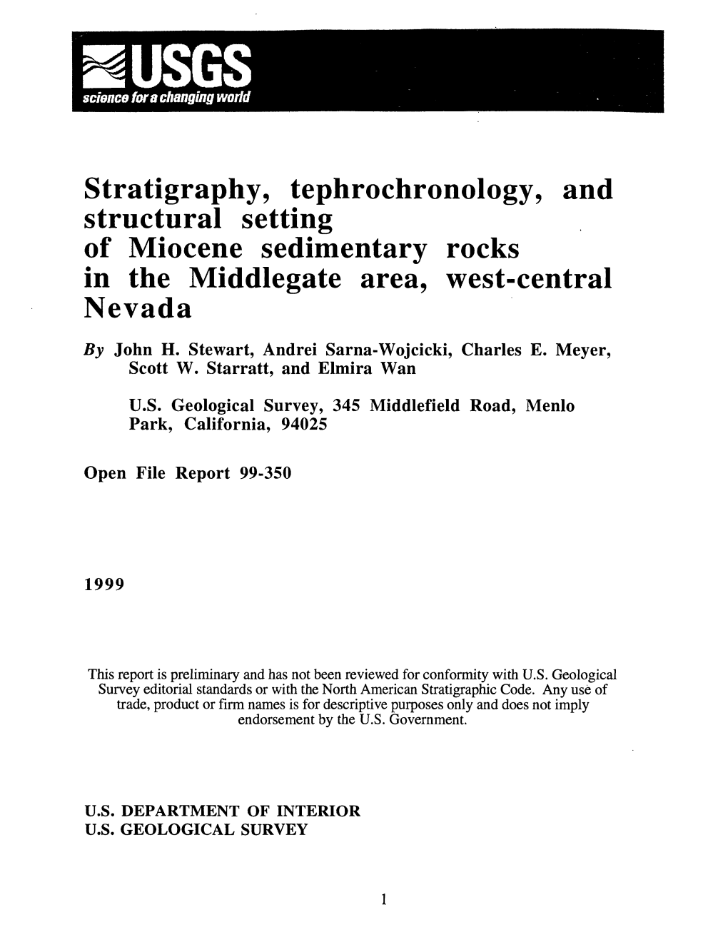 Stratigraphy, Tephrochronology, and Structural Setting of Miocene Sedimentary Rocks in the Middlegate Area, West-Central Nevada by John H