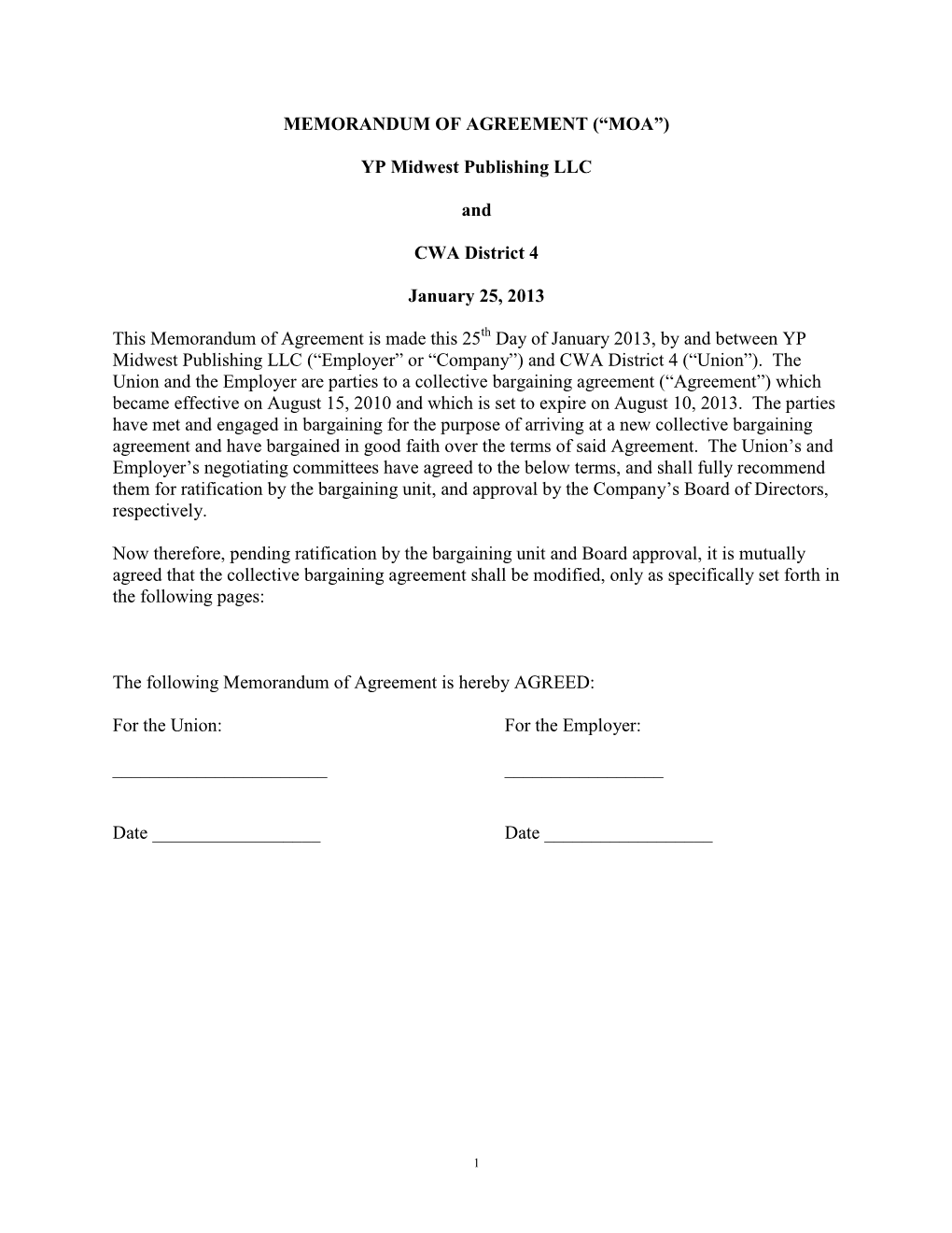 MEMORANDUM of AGREEMENT (“MOA”) YP Midwest Publishing LLC