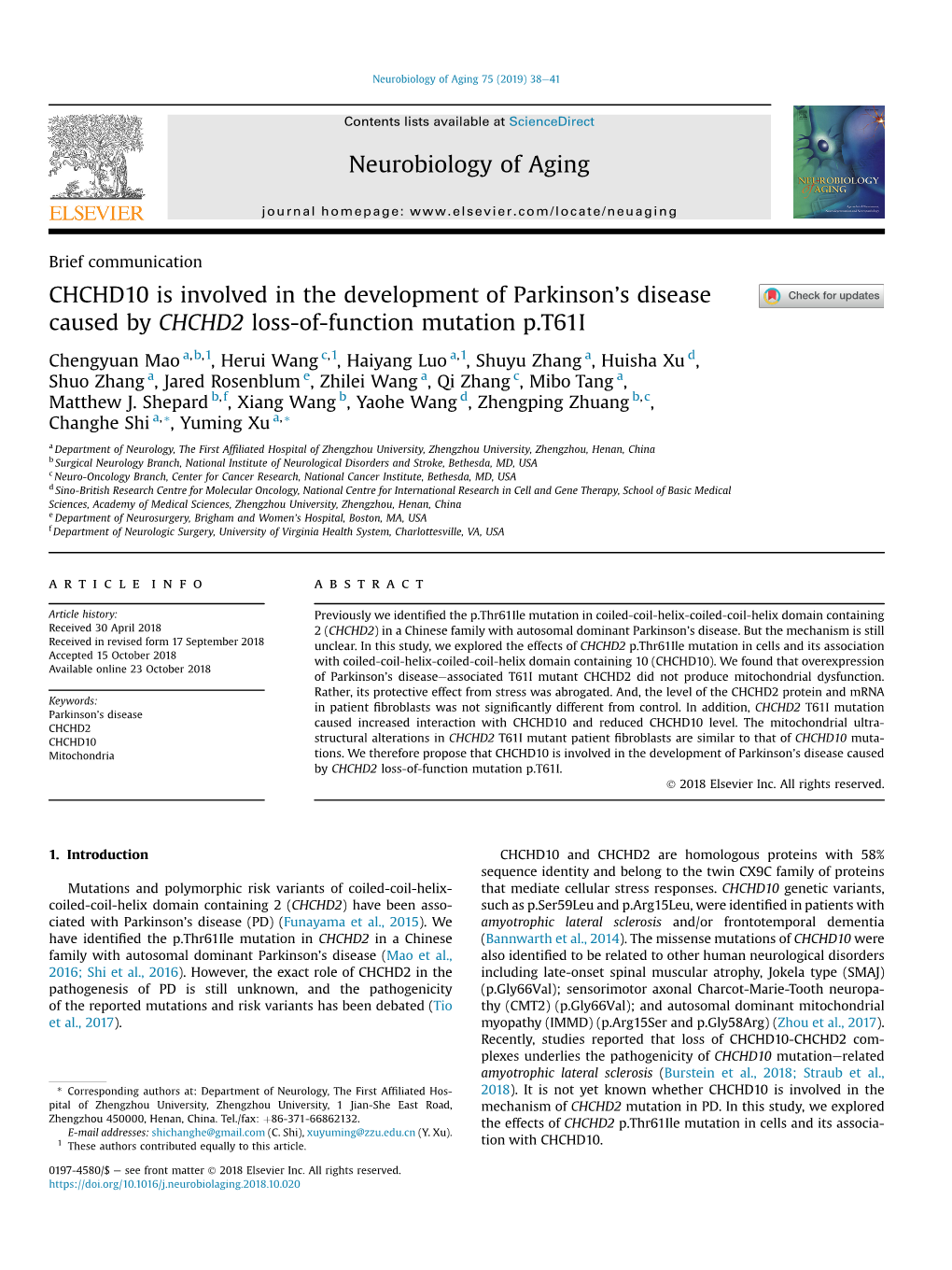 CHCHD10 Is Involved in the Development of Parkinson's