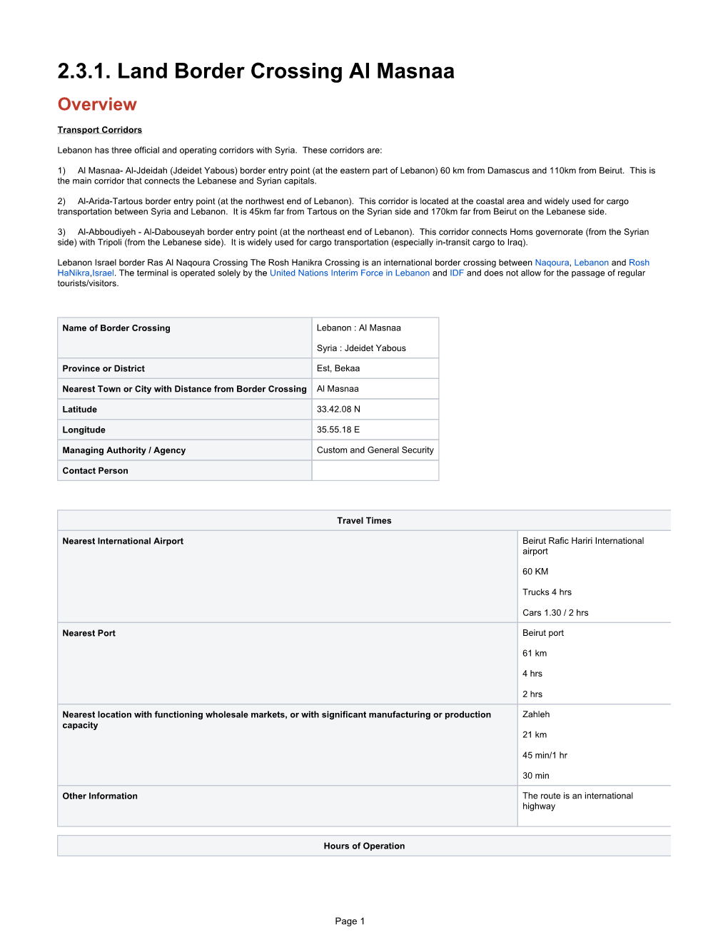2.3.1. Land Border Crossing Al Masnaa Overview