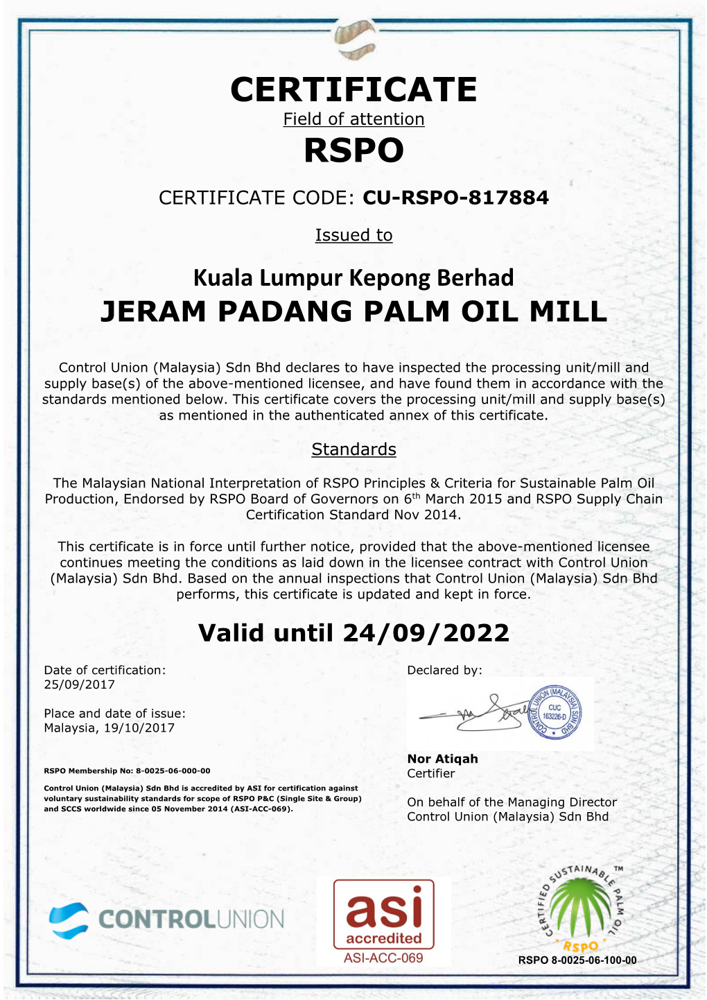 Certificate Rspo